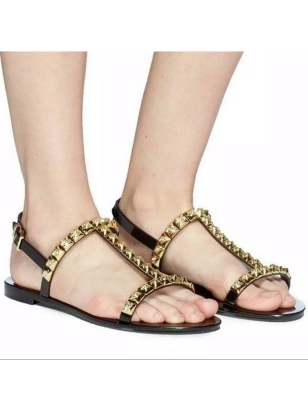 Stuart Weitzman Black and Gold Women's Jelrose Studded T-Strap Sandals